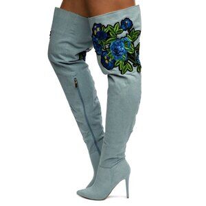 FANTASY FLORAL THIGH HIGH BOOTS Women – Blue Denim ( BRAND NEW ! )